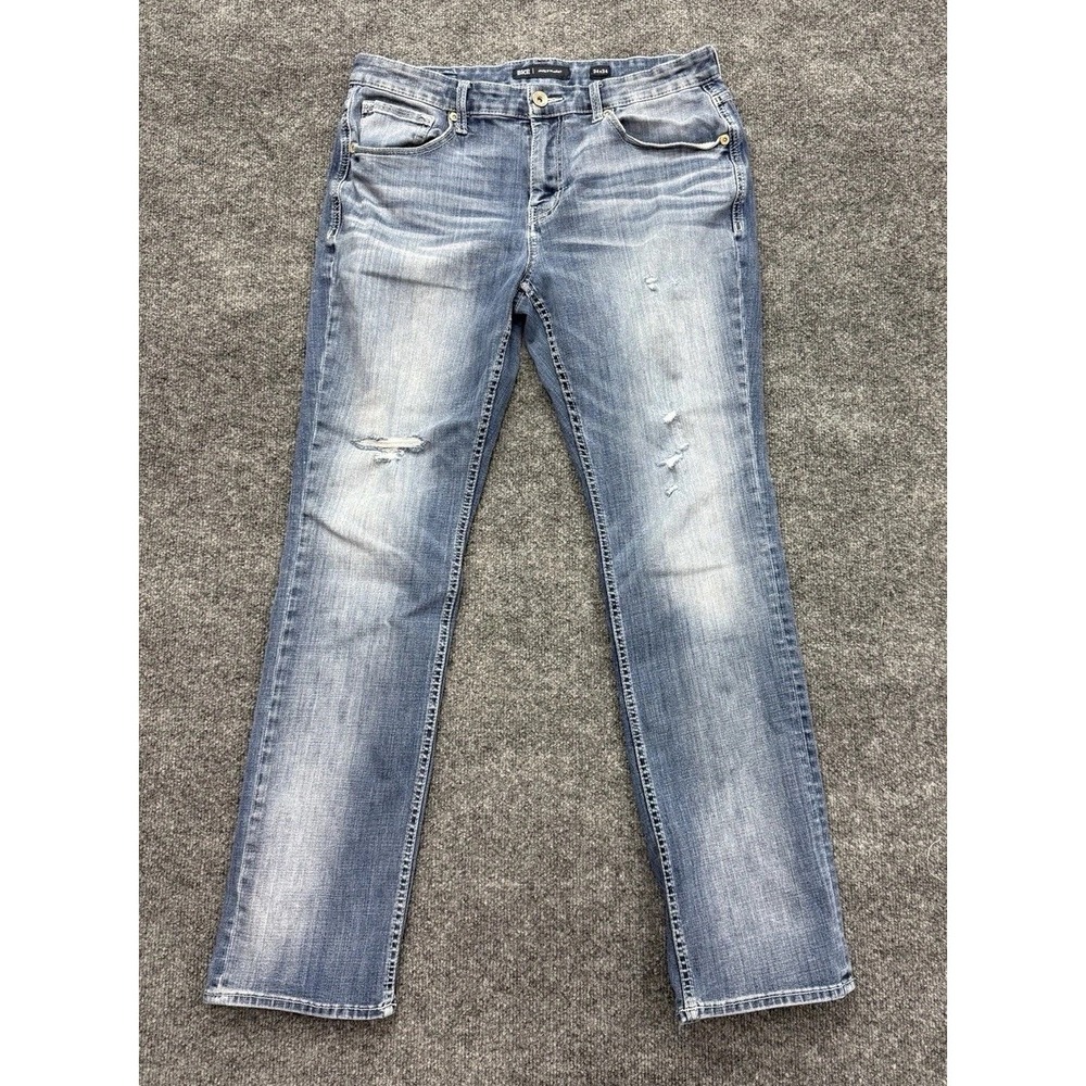 BKE Jake Straight Jeans Mens 34x34 Blue Distressed Stretch Denim Buckle Western